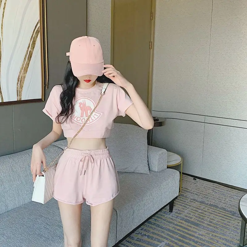 Hikigawa Chic Fashion Short Sleeve Kawaii Letter O Neck Women Tops + Slim All Match Drawstring Short Pants New 2 Sets Ropa Mujer