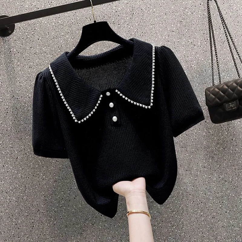 Summer 2025 Women's Loose Fit Short Sleeve T-Shirt Doll Collar Beaded Versatile plus Size Slimming Top Fashion Ladies' Tee