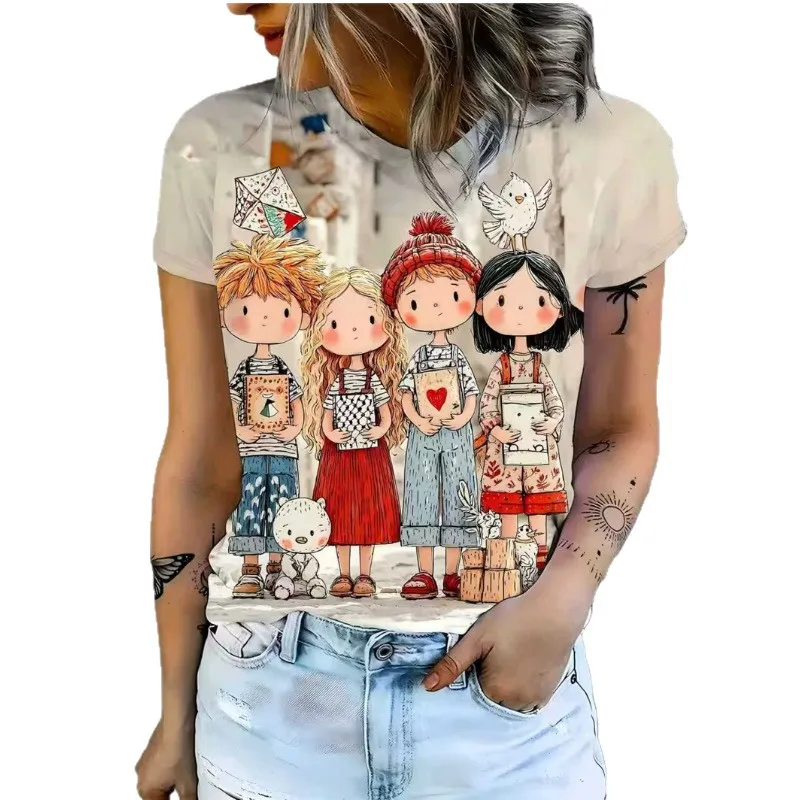 Vintage Style Women's Character Print Tee Cute Boy and Girl Illustration Short Sleeve Round Neck Casual Top