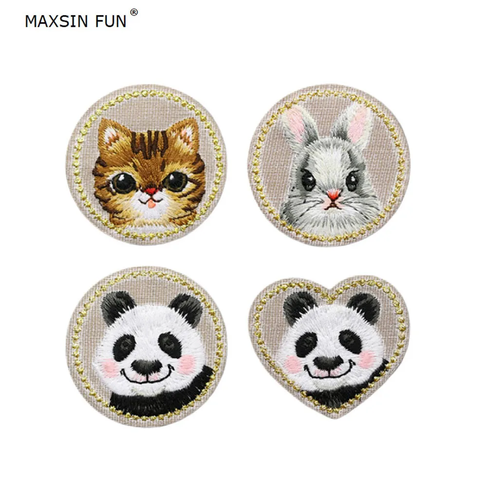 

1 Piece Round, Heart-shaped Cute Iron on Patch Panda Rabbit Cat Kids Cute Animal Badge Sticker for Clothing DIY Accessories