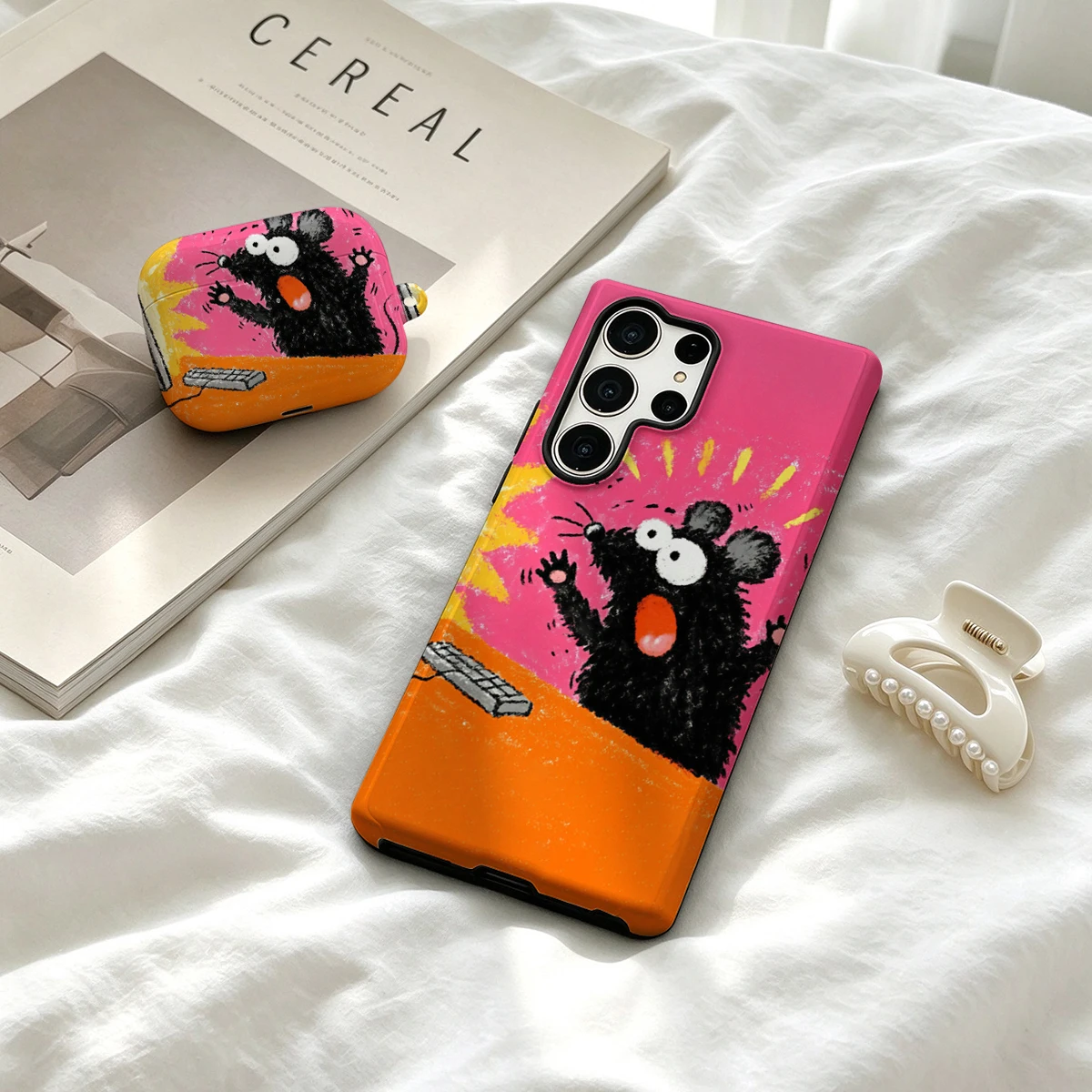 Excited Mouse on Pink Phone Case For Samsung Galaxy S26 S25 Ultra S24 S23 Ultra Plus Shockproof Double Layer Tough Back Cover