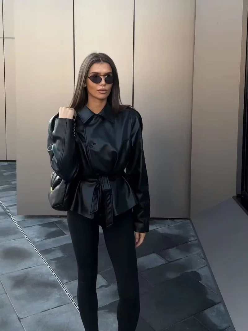ETJ 2025 autumn new women's fashion belt imitation leather long sleeve short trench coat casual leather coat