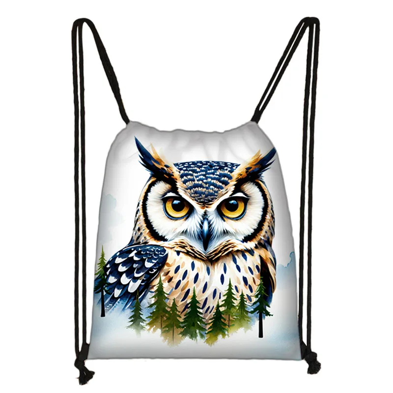 Watercolor Owl Backpacks Cartoon Owl Moon Children Drawstring Bag School Bags Outdoor Shoulder Bag Shoes Holder Storage Bags