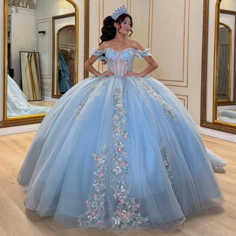 

Sky Blue Shiny Quinceanera Dresses Off The Shoulder Applique Flower Beading Crystal Tull Party Birthday Sweet 16 Dress Vestidos