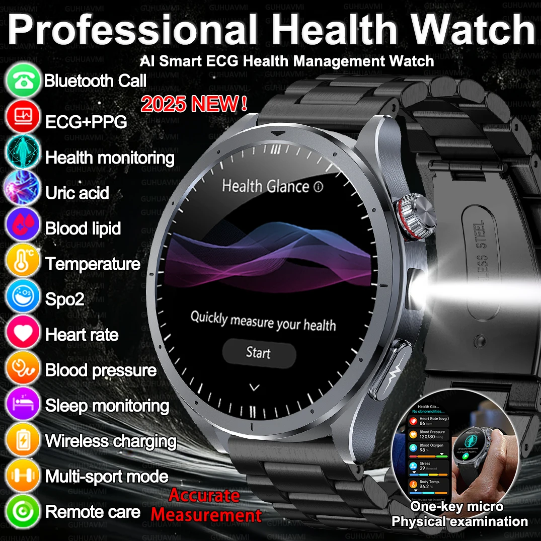 

2025 Новые Смарт-часы AI-GPT ЭКГ + PPG Кровь Липиды Мочевая кислота Браслет BP Мужчины Спорт HD Здоровье Светодиодный фонарик Смарт-часы Мужчины