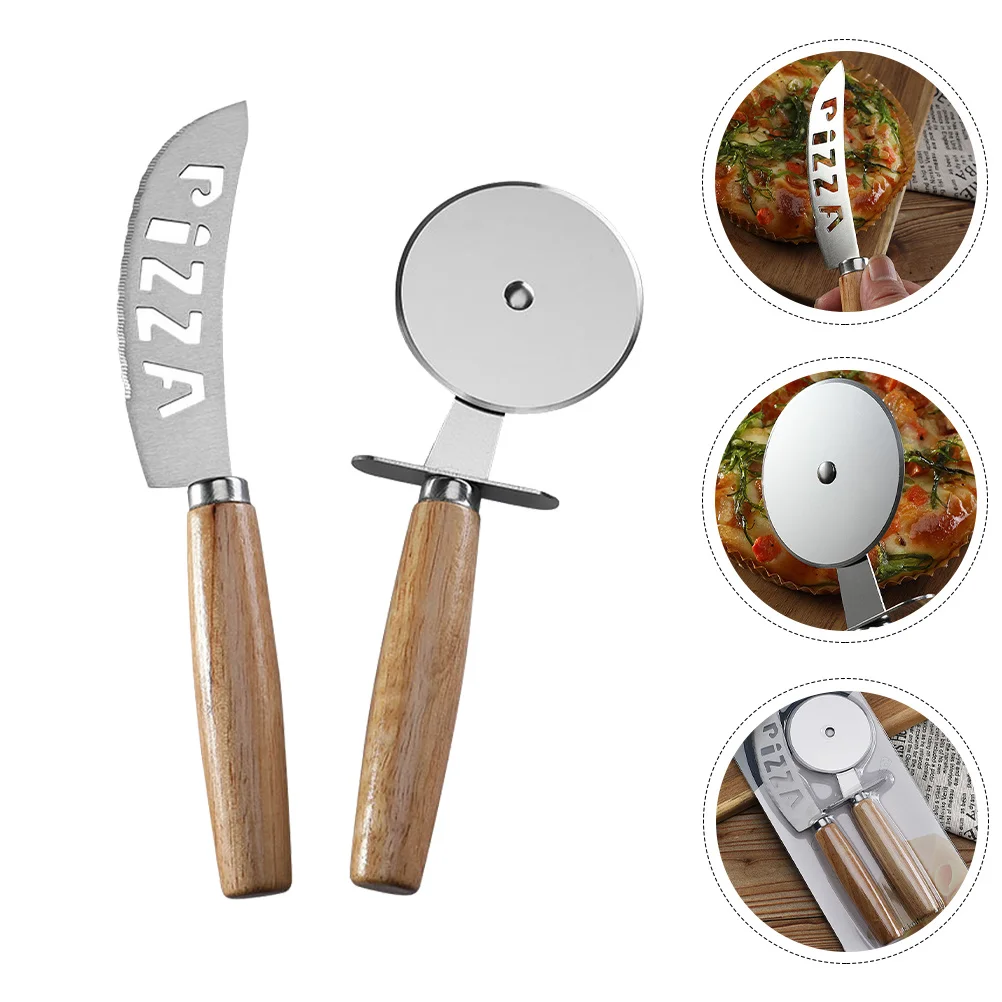 

2Pcs Professional Pizza Cutter Rotating Wheel Shaft Kitchen Gadget Silver Pizza Cutter with Wooden Handle