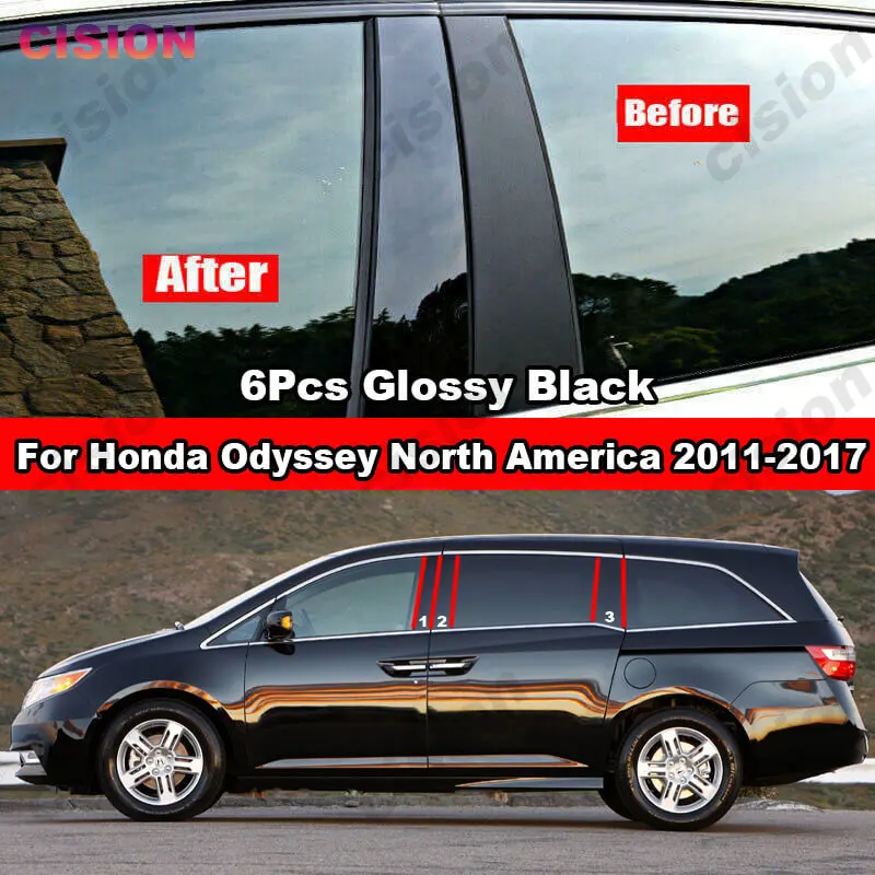 Window Door Column B C Pillar Post Cover Trim For Honda Odyssey 2011-2017 USA Glossy Black Carbon Fiber Mirror Effect PC Sticker