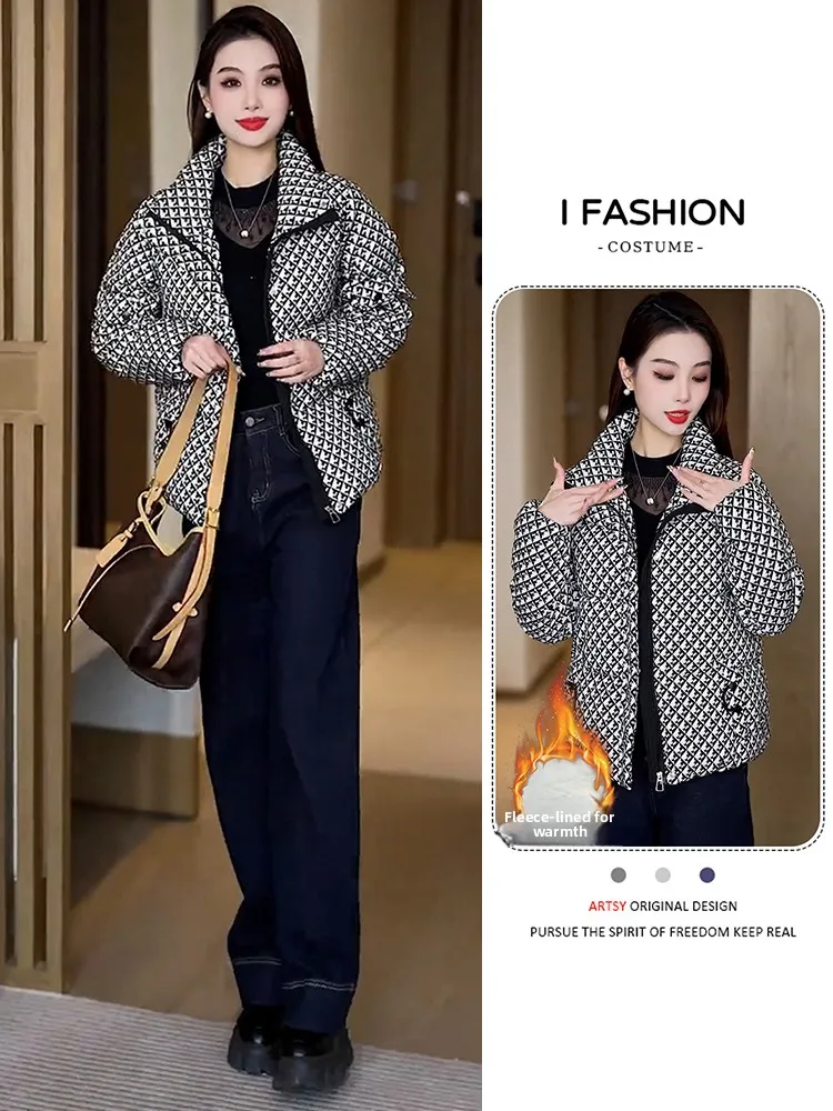 

Thiened Plaid Cotton Jaet Women's Faionable Warm down Coat Spring Autumn Winter Seasonal Sle Button Zipper Closure