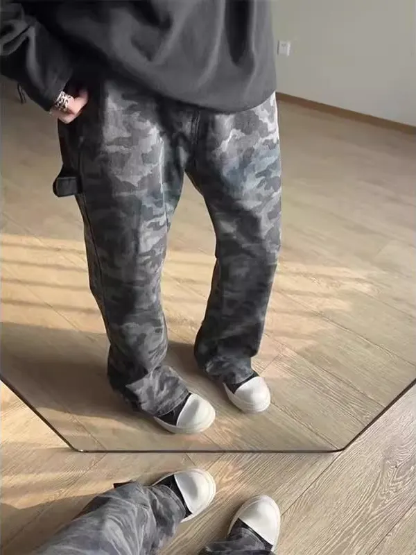 

American Sle Retro Camouflage Men's Jeans Spring Autumn Trendy High Street Logging Micro Flared Knife Workwear Casual Jeans