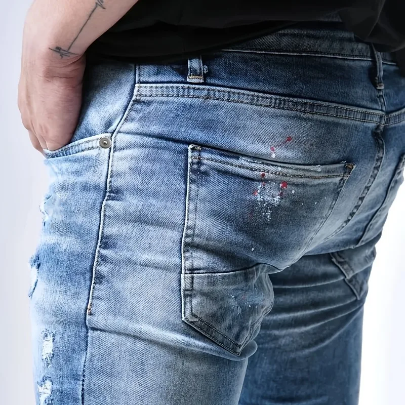 Trendy Street Slim Fit Heren Patched Jeans Luxe Merk Jeans Herenkleding Denims Tranen Streetwear voor Heren Strass Broek Heren