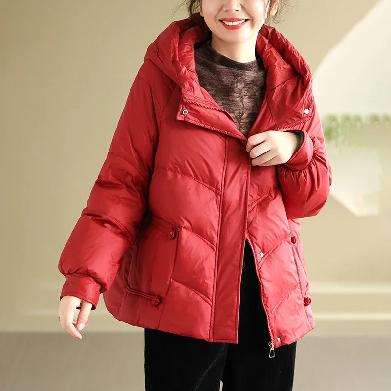 Women White Duck Down Jacket with Hood Autumn Winter Thick Warm Outwear Vintage Casual Over Size Coat