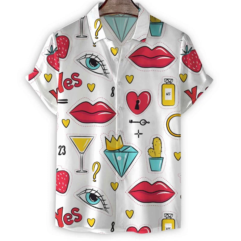 

Creative 3d Printed Eyes Lips Hawaiian Shirt Men Short Sleeves Lapel Blouse Tops Casual Summer Vacation Street Oversized Shirts