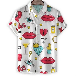 Creative 3d Printed Eyes Lips Hawaiian Shirt Men Short Sleeves Lapel Blouse Tops Casual Summer Vacation Street Oversized Shirts