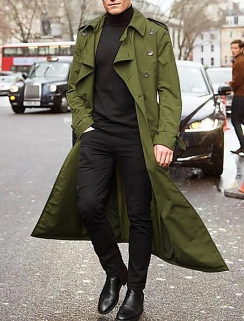 Belted Pocket Belt Slim Fit Commuter Style with Epaulettes Unhooded Long Length Side Seam Pockets Long Trench Coat for Men