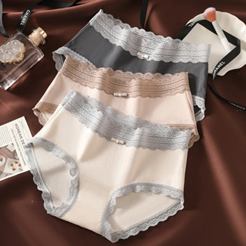 3 szt. Majtki damskie francuskie koronkowe majtki ze średnim stanem seksowna oddychająca bielizna z czystej bawełny miękkie wygodne figi Intimates