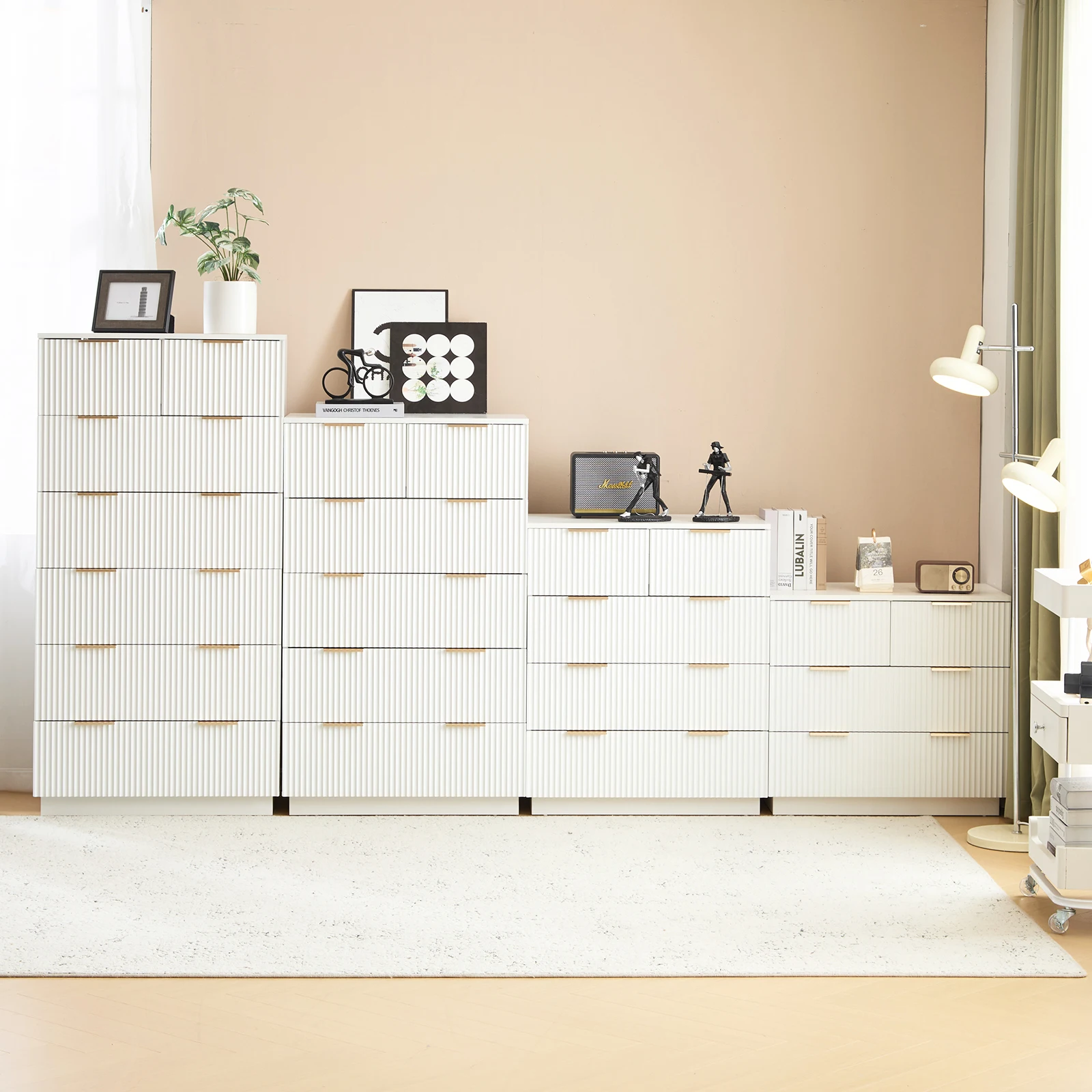 

White P2 MDF 72 * 40 * 118cm wavy surface, five layers and six drawers, chest of drawers