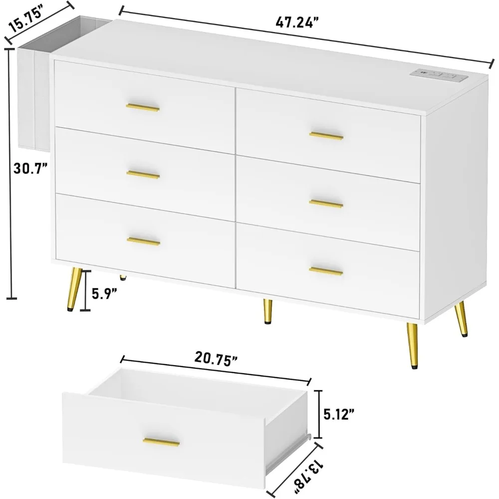 6 Drawer Dresser for Bedroom with Power Outlets, Modern Wood Dresser with Wide Drawers and Gold Metal Handles, Long Ches