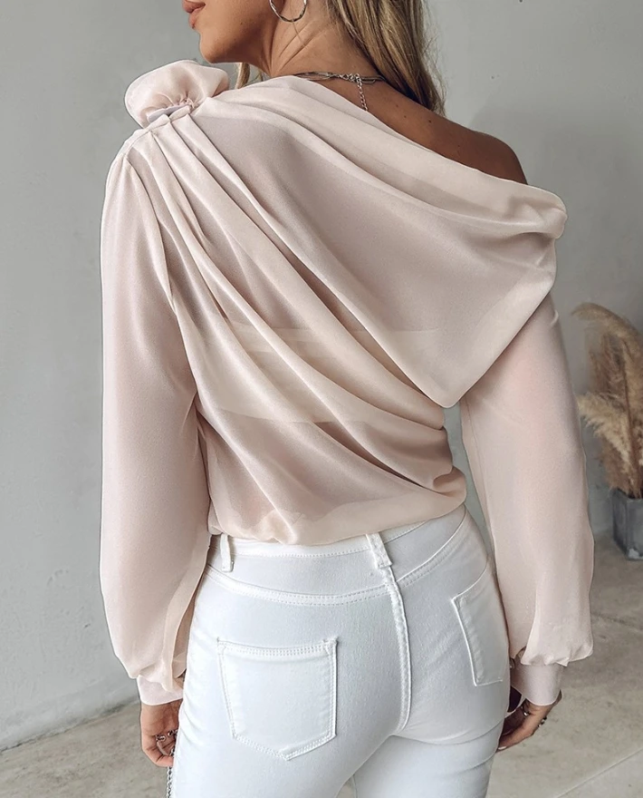 New for Women's Color Solid Blouses 2024 Spring Summer Rose Detail Ruched Skew Neck Long Sleeve Chiffon Elegant Blouses Sexy Top