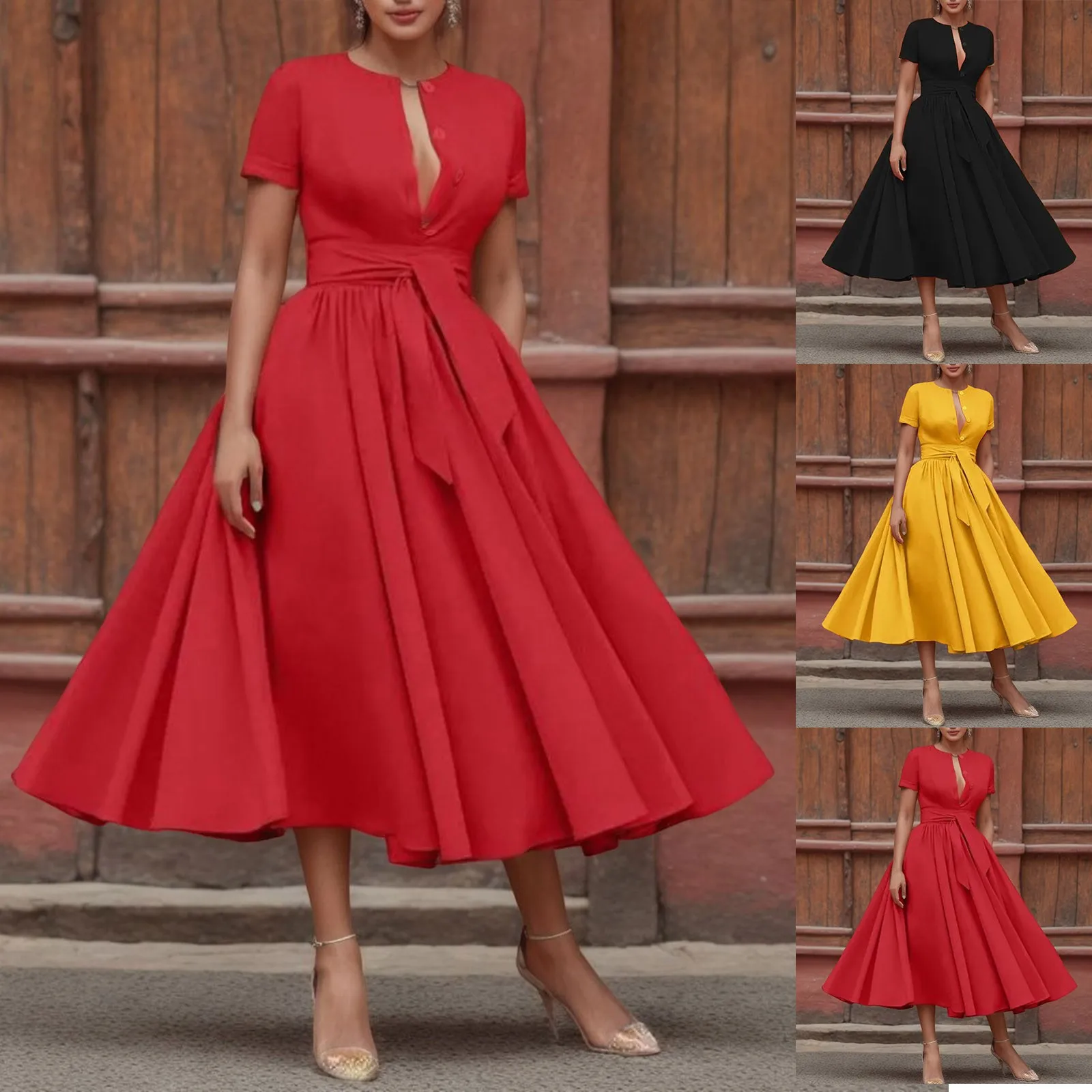 

Cocktail Dresses For Women 2024 Elegant Classy Short Sleeve Deep V Neck Tie Waist A-Line Red Dress Vintage Retro Party Dresses