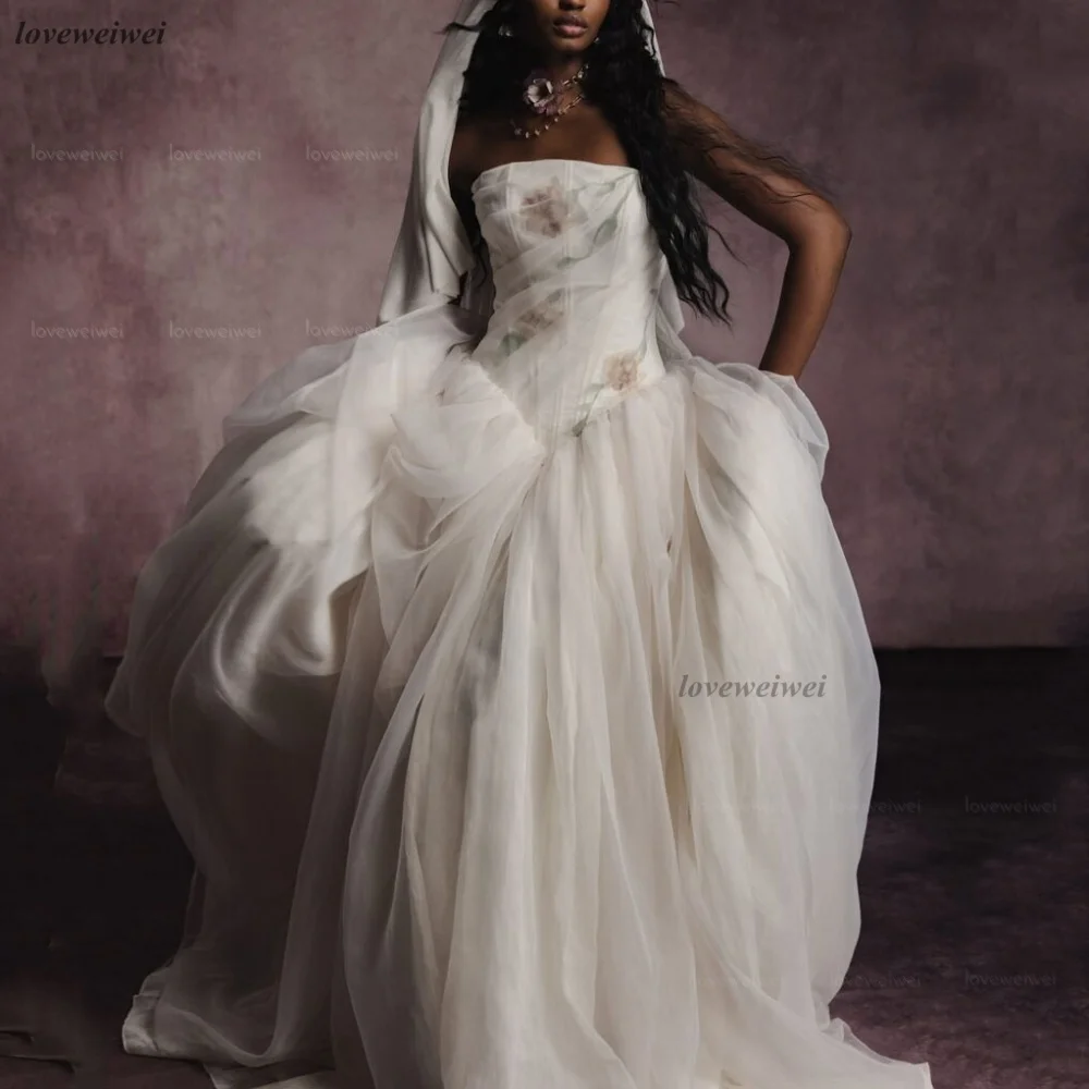 A Line Vintage Wedding Dress Customized Strapless Tulle Classic Bride Dresses Bridal Gowns Flower Vestidos De Novia
