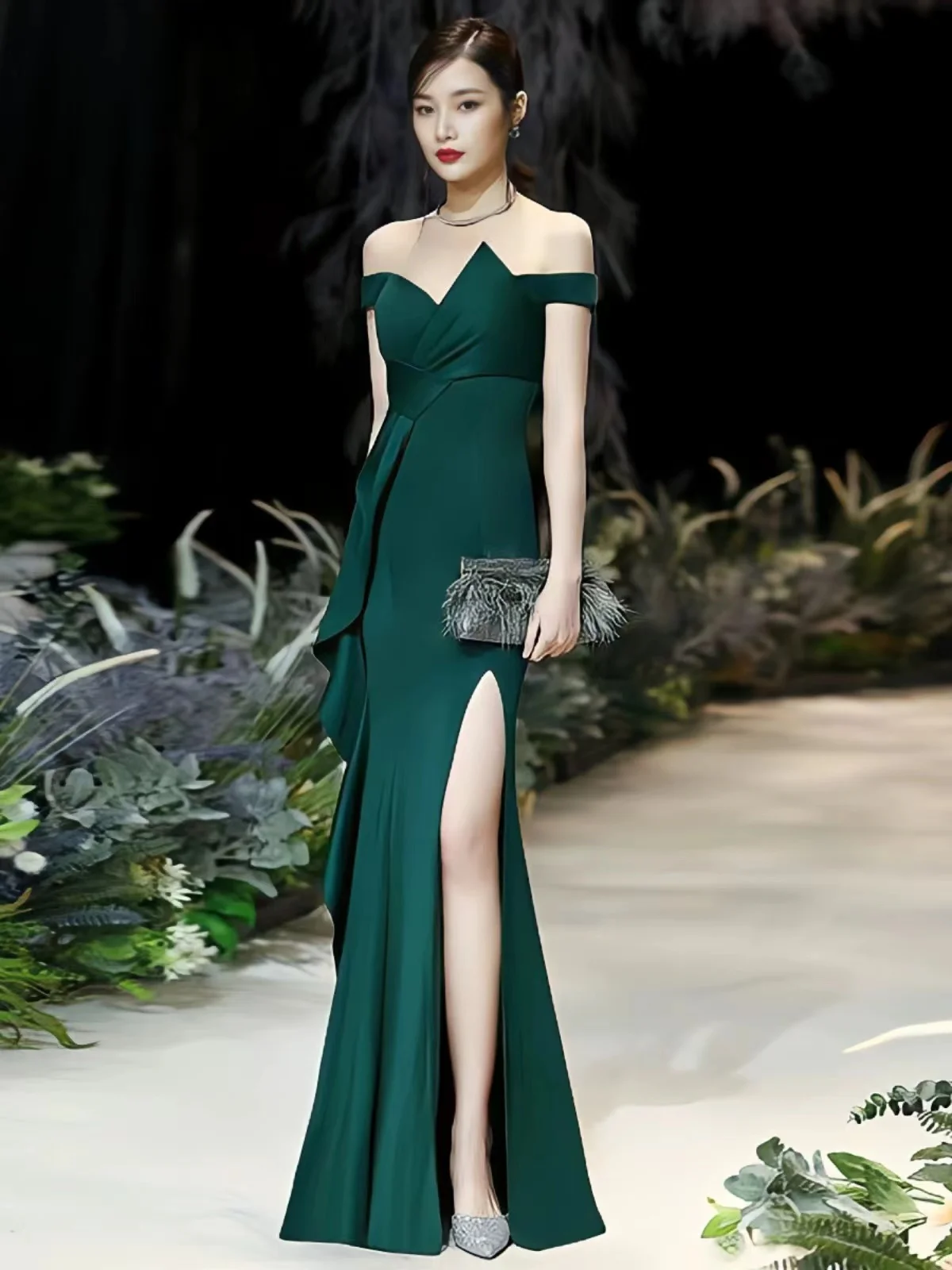 

Green Mermaid Evening Dresses Sexy Off Shoulder Prom Gowns Side Slit Elegant Classy Women Special Occasion Party Dress