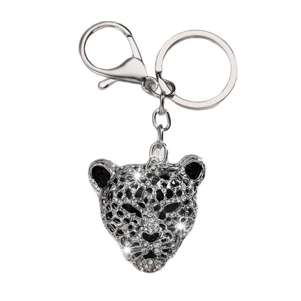 Crystal Rhinestone Leopard Head Keychain Silver Encrusted Design Car Bag Pendant 4.21 Inch Size Fashion Pendant Bag Decoration