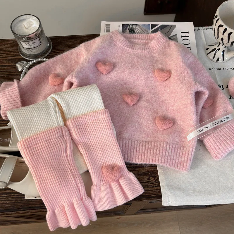 Korean Children's Clothing 2025 New Autumn Girls' Love Knit Sweater Color Blocked Pile Socks Leggings Two-piece Set Trendy