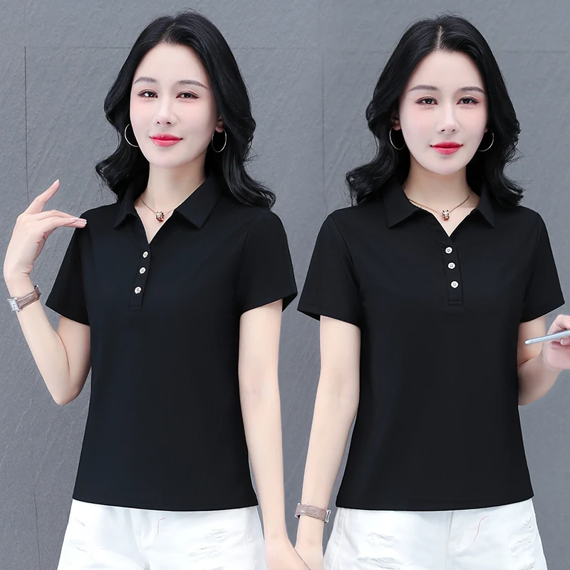 New Summer Women'S Lapel Short Sleeved T-Shirt Fashionable Comfortable Quick Drying Versatile Loose And Slimming Casual Top