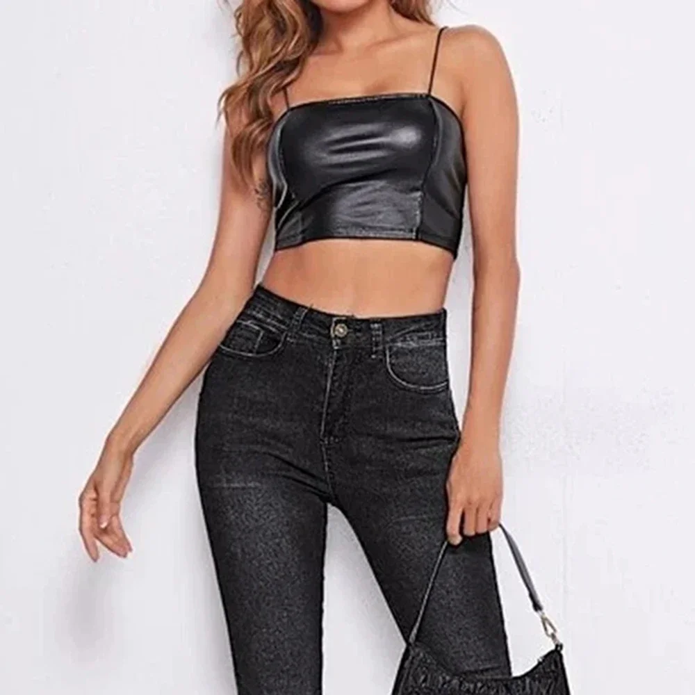 Short Vest For Women Made Of Patent Leather Featuring Exposed Navel And Solid Color Suitable For Holiday And Daily Use