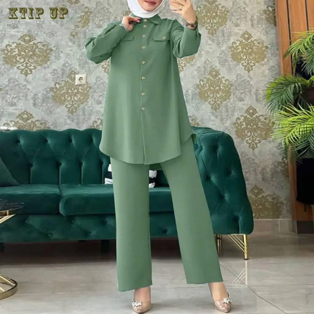 Elegant Full Sleeve Shirts and Wide Leg Pants Set for Women, Urban Tracksuits, Elegant Pant Sets, Turkish Blouse, Arab Fashion