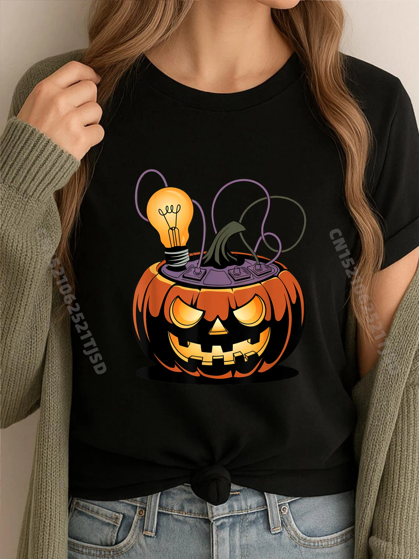 

Женская футболка на Хэллоуин с тыквой и проводом, электрическая лампочка 100 ℅ Хлопковая футболка большого размера для женщин Vaporwave