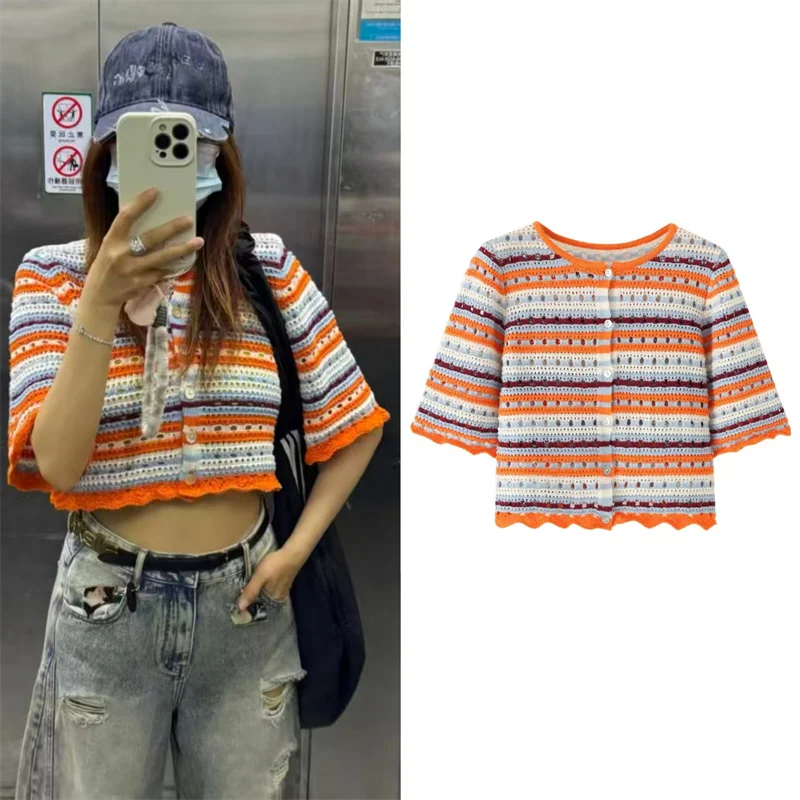 

Smvp Women's Jacket 2026 Summer New Colorful Striped Short-Sleeve Hollow Decorative Knit Cardigan for Beach Vacation