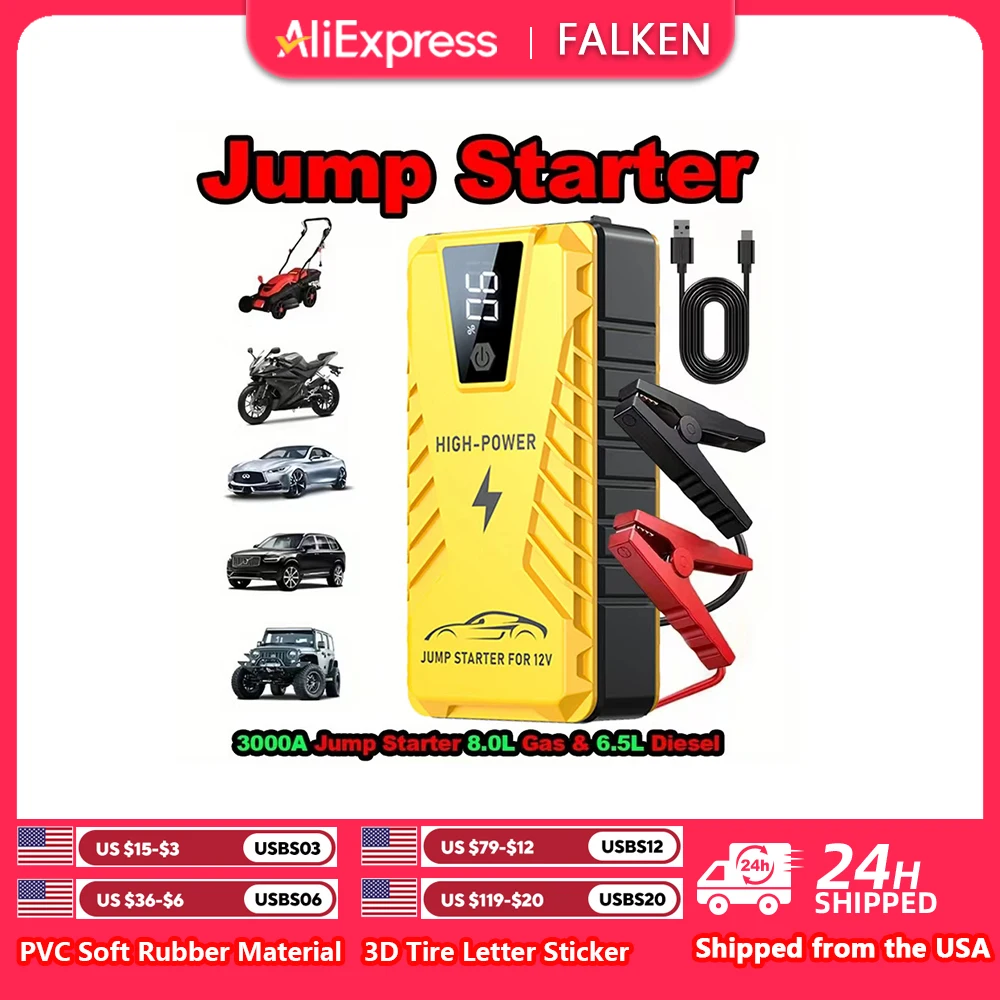 Car Battery Jump Starter Power Bank 2000A for 12V Vehicles and Moto Portable Car Battery Charger Smart Car Jump Pack with Smart Battery Clamps & LED Torch