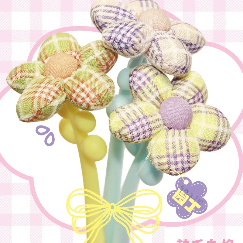 10PCS Factory Direct Sales Macaron Candy Color Plaid Fabric Flower Neutral Pen Fresh Three-dimensional Sun Flower Styling Pen