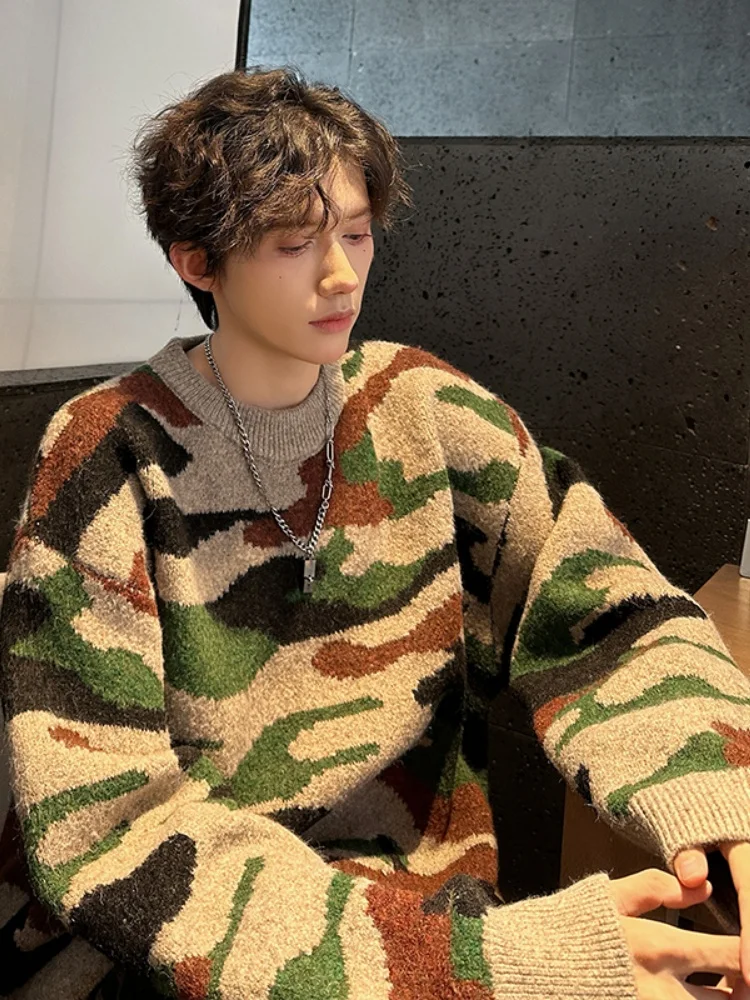 

Мужской трикотажный джемпер в американском ретро-стиле с камуфляжным принтом, осенне-зимний, с длинным рукавом, круглым вырезом, базовая модель, стильный, для подростков