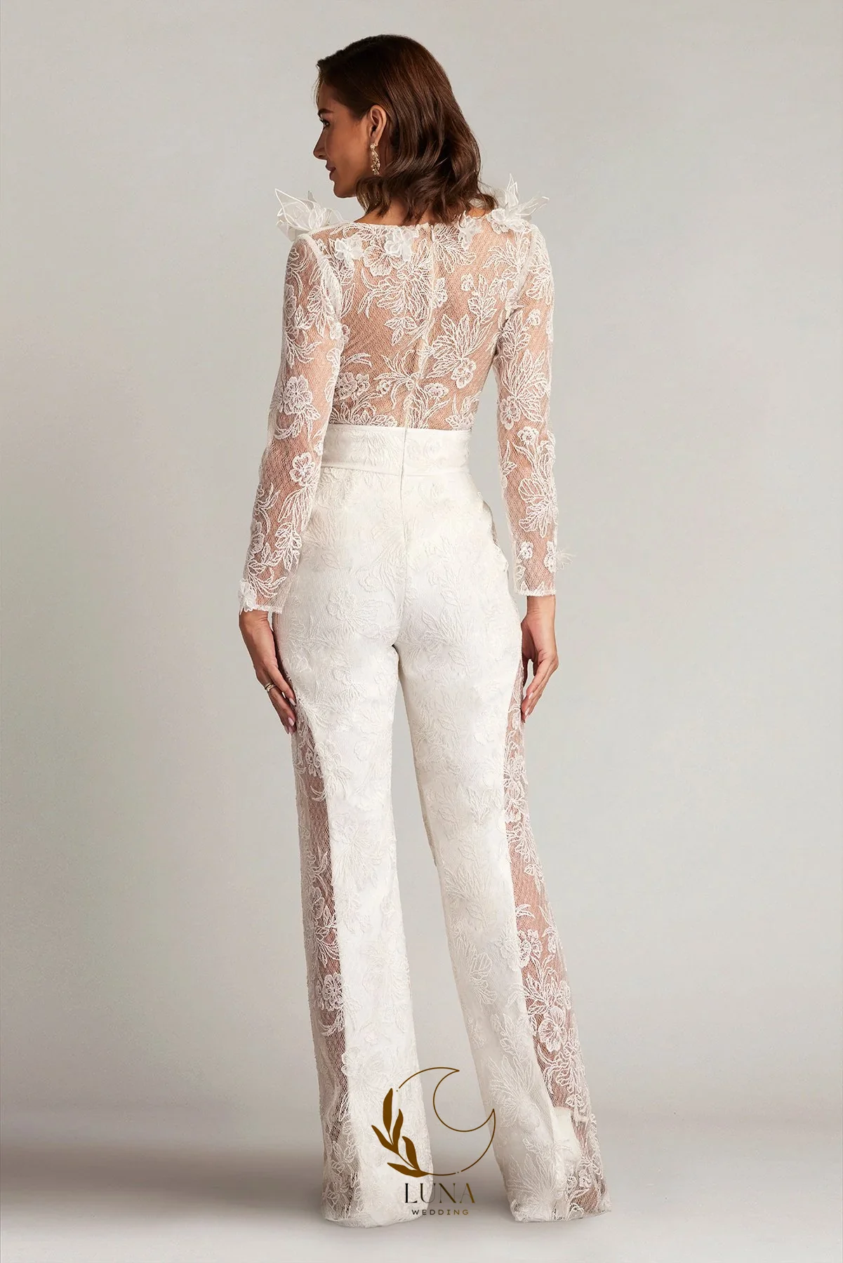 Luna Customized 3D Floral Embroidered Wedding Jumpsuit Floral Lace Luxury Bridal Wedding Outfots Vestidos De Novia