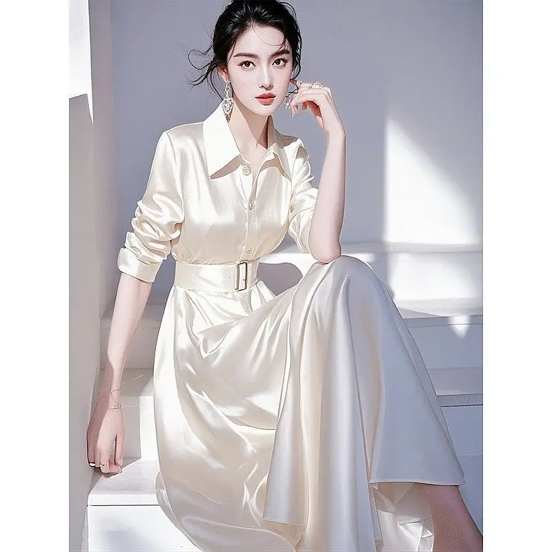 2025 Chic Y2Kซาตินเสื้อผู้หญิงฤดูใบไม้ผลิฤดูร้อนใหม่High-Endแฟชั่นSlimขนาดกลางยาวภาษาฝรั่งเศสคําProfessionalชุดยาว