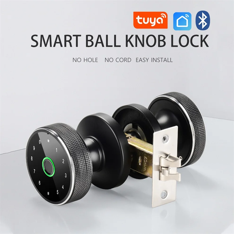 Tuya APP Bluetooth Smart Ball Handle Fingerprint Lock Biometric Keypad Digital Electronic Password Key Intelligent Door Lock