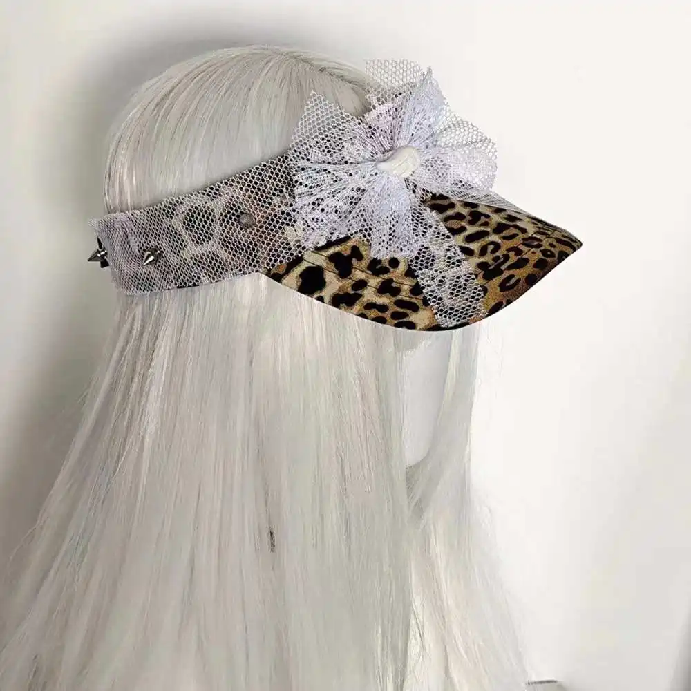 

Handmade Spice Bow Leopard Print Hat Baseball Cap Rivet Lace Y2K Subculture Empty Top Hat Lolita Accessories