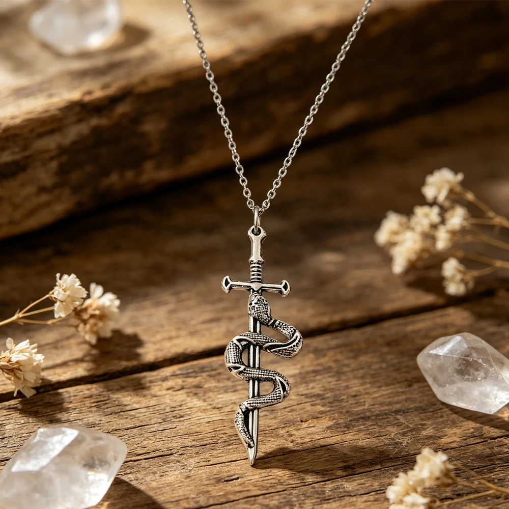 Vintage Distressed Snake-Shaped Holy Sword Necklace, Three-Dimensional Winding Snake-Pattern Sword Pendant, Versatile Everyday Personalized Clavicle Chain Accessory