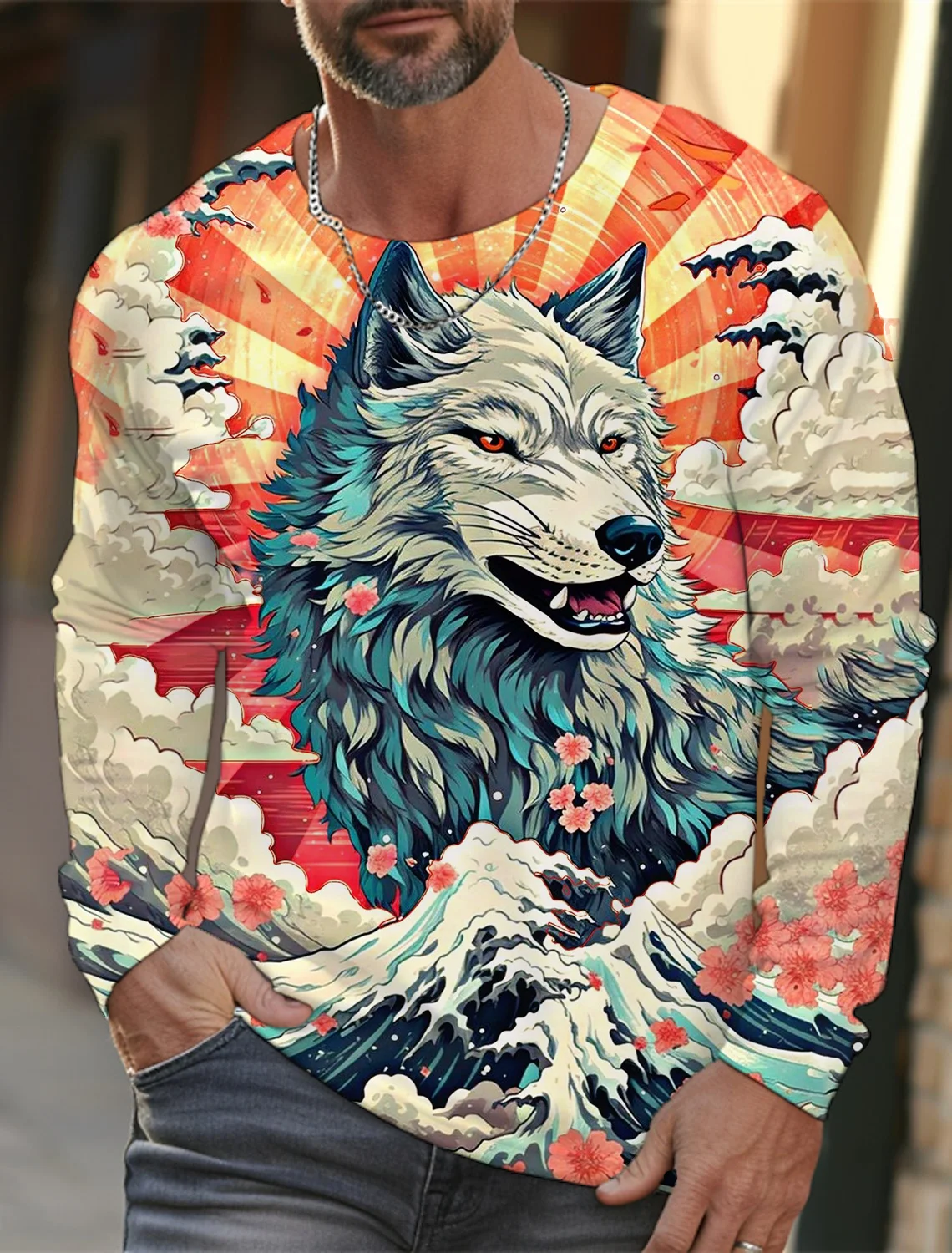 Ukiyoe Wolf Graphic Men's Long Sleeve T-shirts 3D Print High Quality O-Neck T shirt Fashion Casual Sports Top Loose Men Clothing