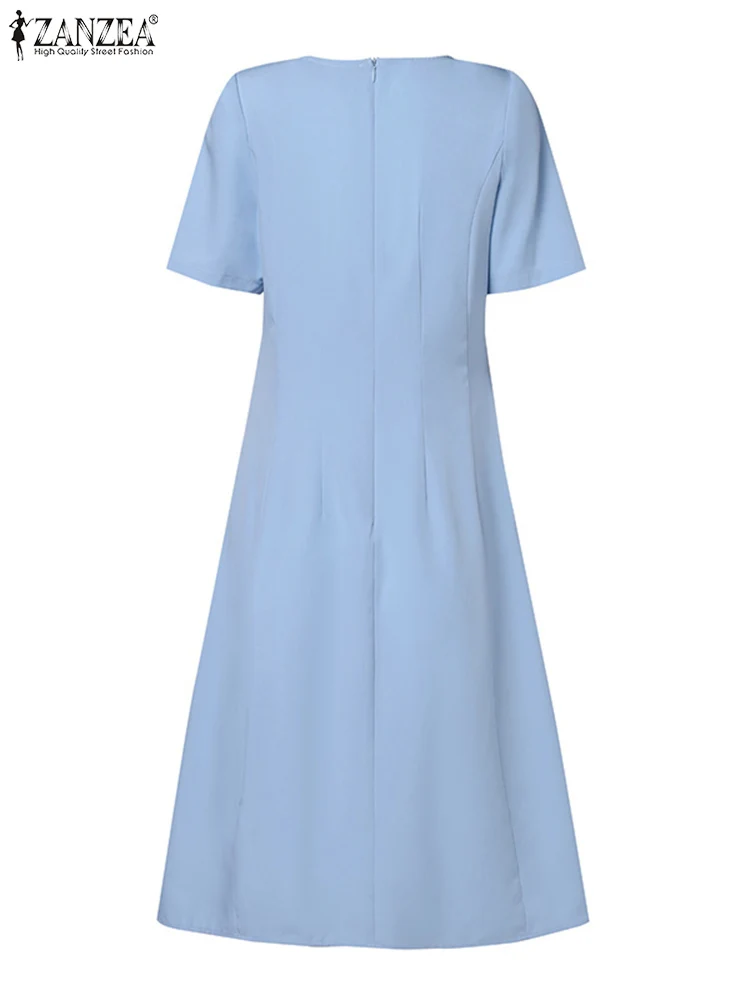 ZANZEA Summer Elegant O Neck Short Sleeve Mid-calf Dress Women Fashion Solid OL Work Sundress Robe Femme Casual Vestido Kaftan