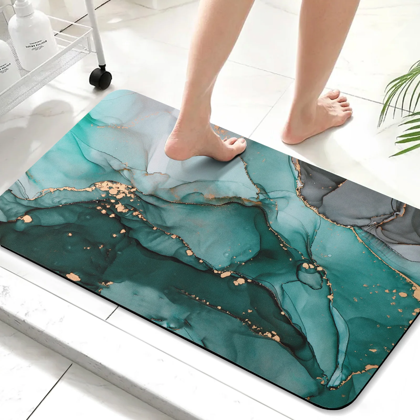 Ultra Thin Super Absorbent Bath Rugs Marble Pattern Non-Slip Bath Mat Soft Diatom Mud Carpet Doormat for Bathroom Tub Shower