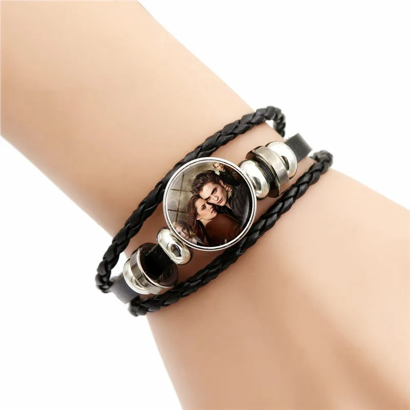 Movie Twilight Bracelet for Couple Bella Edward Cosplay Figure Poster Glass Button Handmade Leather Bracelets Men Bangle