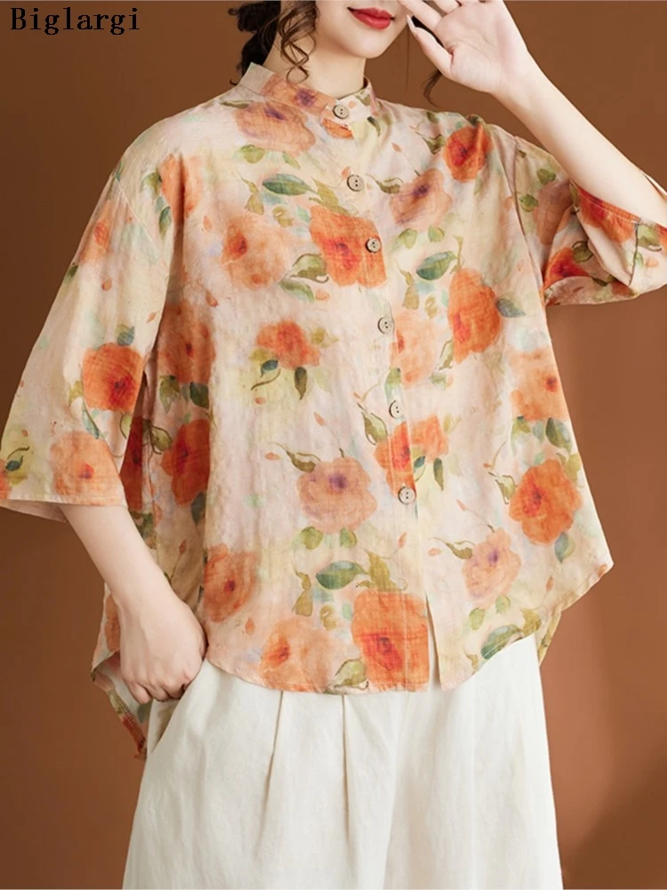 

Oversized Summer Stand Collar Shirts Women Flower Floral Print Fashion Ladies Cropped Blouses Casual Loose Woman Shirt