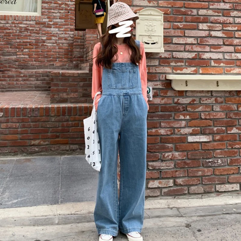 Women's Korean Fashion Loose Straight Jeans Jumpsuits High Waist Wide Leg Suspender Denim Pants Women One Piece Rompers Overalls