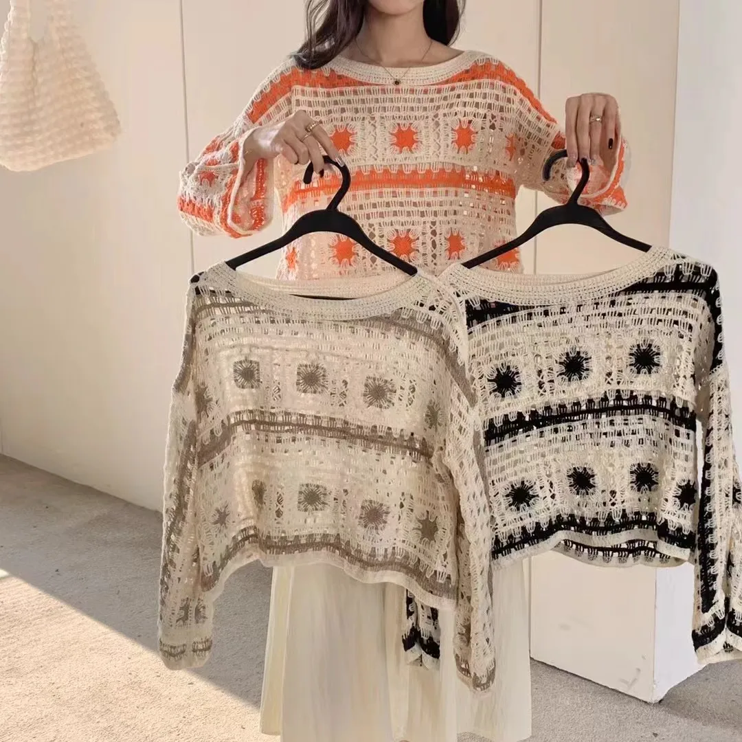 Hook Flower Hollow Knitted Sweater Crochet Top Women's 2024  Contrasting Colors Chic Ins Long Sleeve Cropped Tops Y2k Streetwear