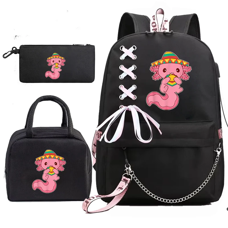 3 قطعة مجموعة حقيبة الكتب Mochila Bookbag الآيس كريم Axolotl لطيف الطفل حقيبة المدرسة مع أكياس الغداء ، أكياس قلم رصاص ، حقائب مدرسية هدية