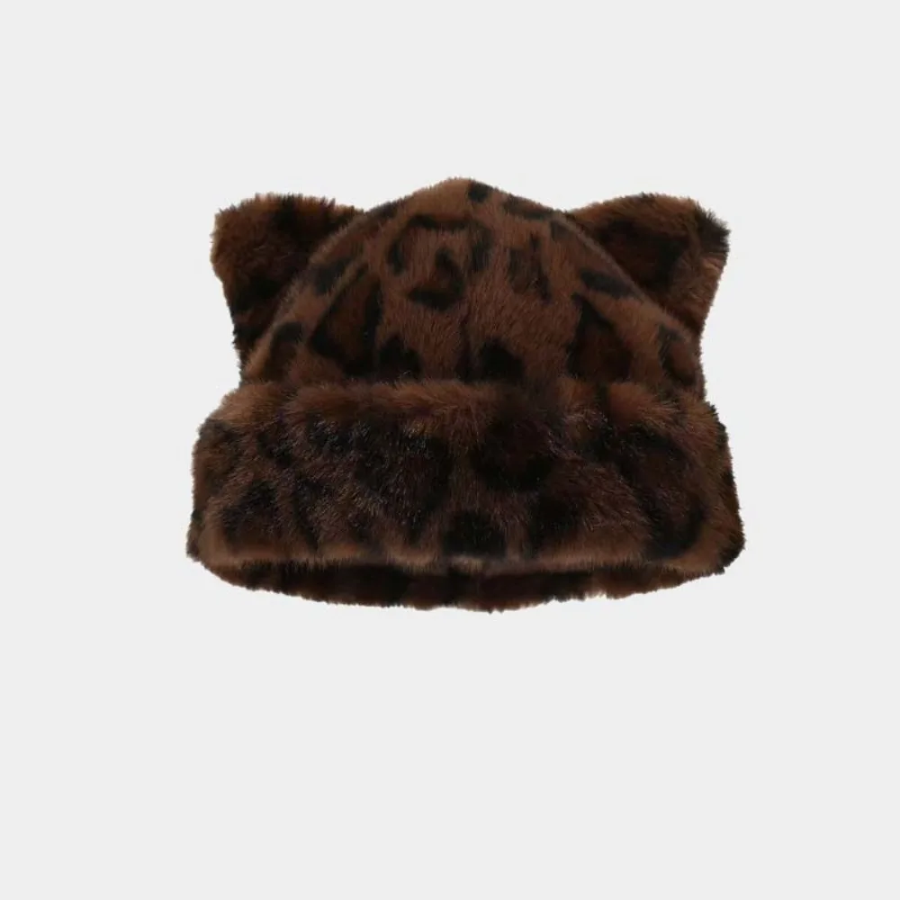 

Personality Imitation Mink Fur Leopard Ear Beanie Korean Style Soft Plush Bear Hat Elastic Retro Pullover Cap Female