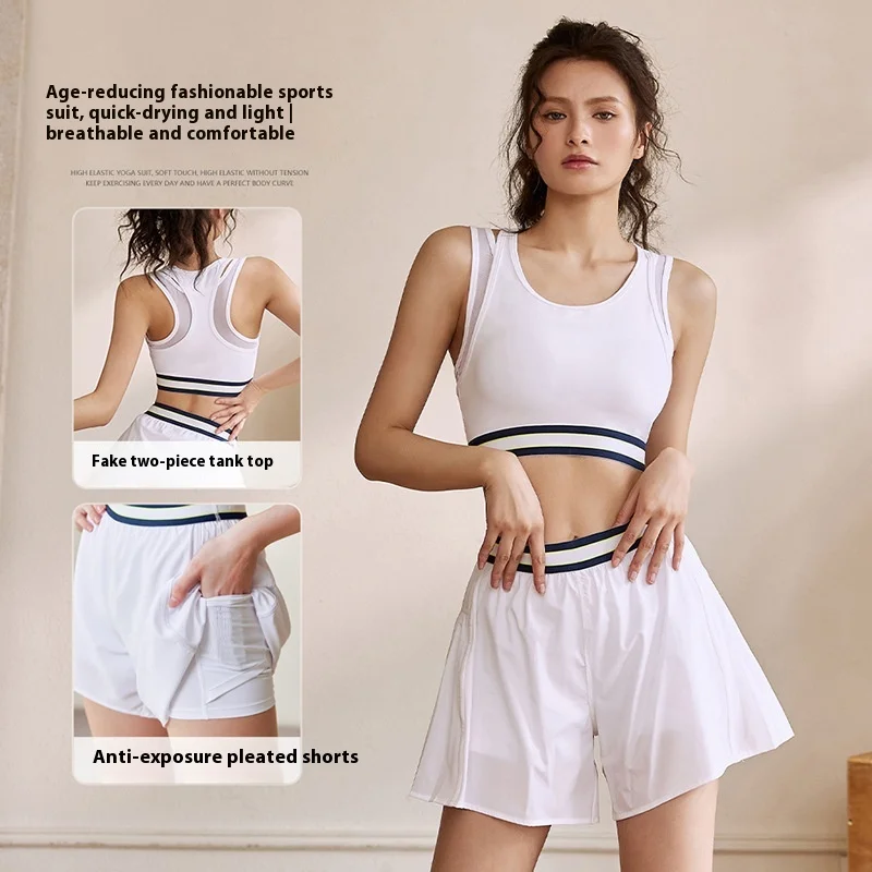 Summer Short Sports Suit Fake Two-piece Work Word Mesh Undershirt Anti-glare Loose Pleated Shorts